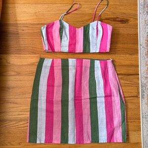 Zara Pink, Hot Pink, Green & Light Gray Striped Two-Piece Skirt Set